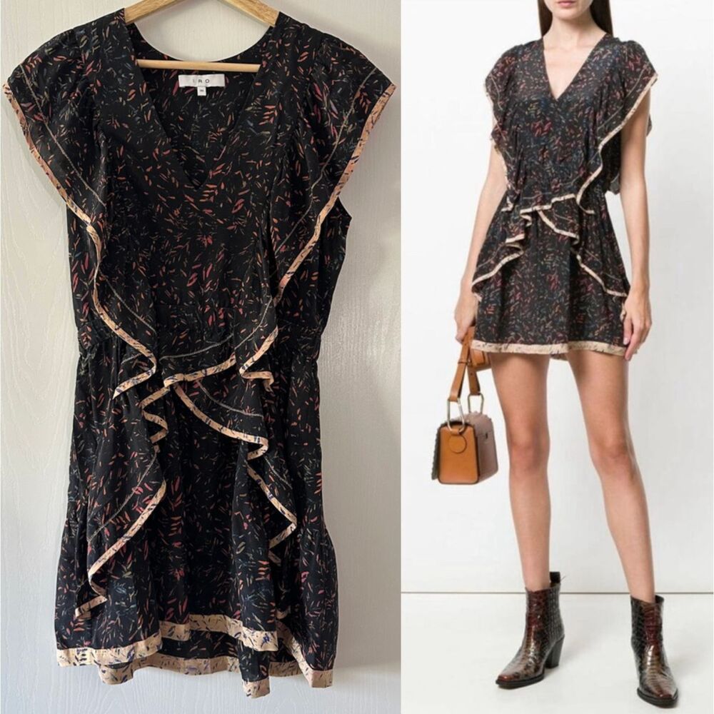 Iro Womens Jicka 100% Silk Shift Mini Ruffle Dress Size Fr 36 Us 4 Small